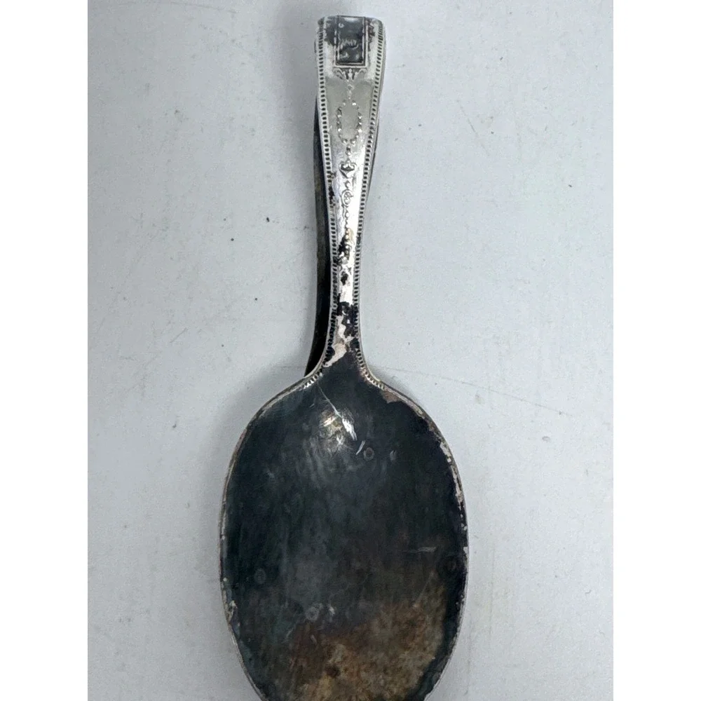 Vintage Antique Silver Plate Loop Handle Baby Spoon Ornate Engraved Fair 3.5in